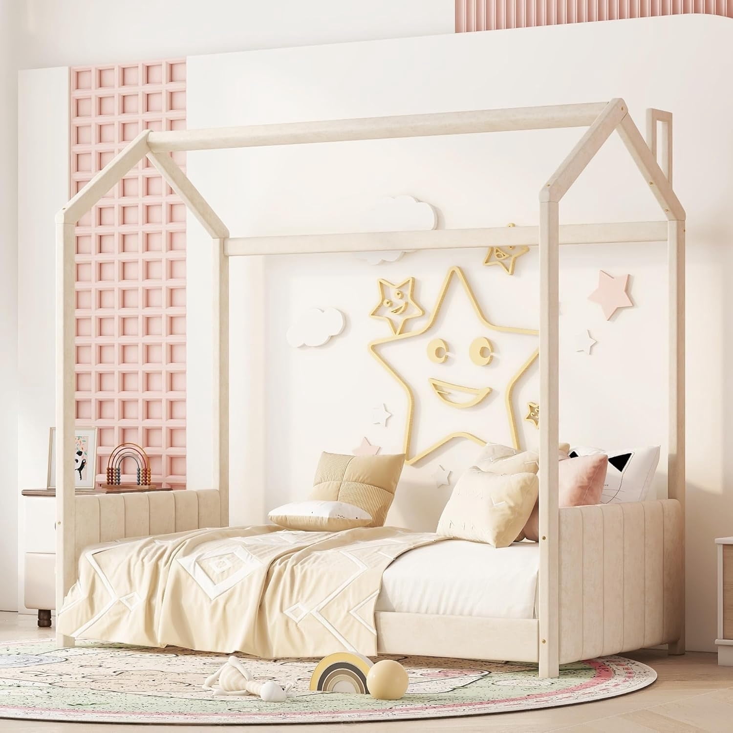 Bellemave Twin Size House Beds, Velvet Montessori Floor Bed with Headboard & Footboard, Twin Bed Frame for Girls Boys （Twin, Beige)
