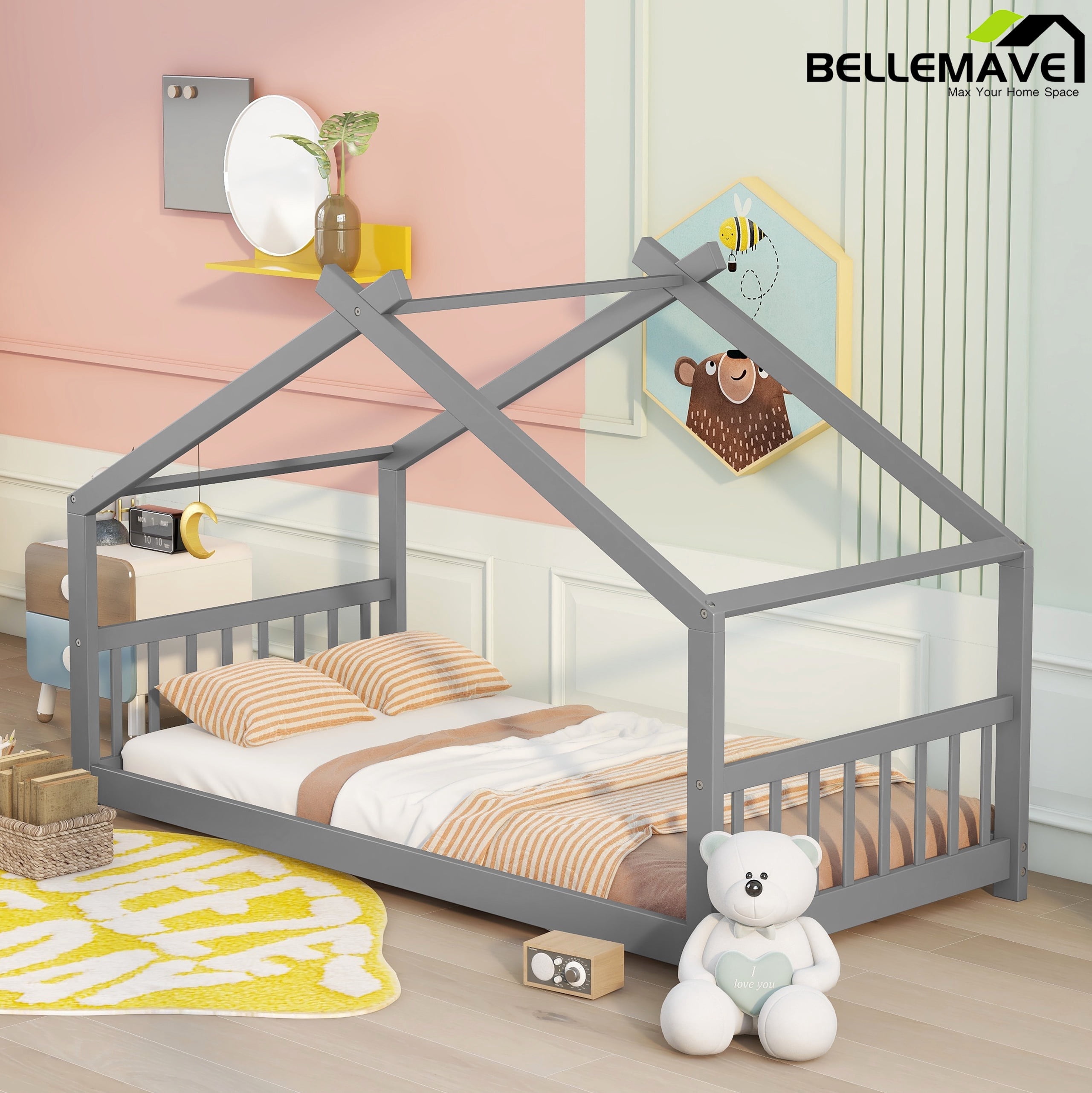 Bellemave Twin Size House Bed,Wood Platform Bed with Headboard and Footboard, House Floor Bed with Roof and Slat (Gray,Twin)