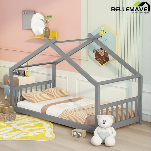 Bellemave Twin Size House Bed,Wood Platform Bed with Headboard and Footboard, House Floor Bed with Roof and Slat (Gray,Twin)