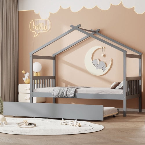 Bellemave Twin Size House Bed with Trundle, Wood Platform Bed Frame with House Shape Roof for Teens (Gray)
