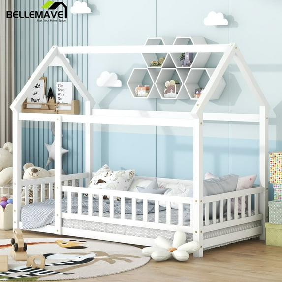 Bellemave Twin Size House Floor Bed with Fence Guardrails Playhouse Bed Frame Twin Wooden Floor Bed Montessori House Bed, White
