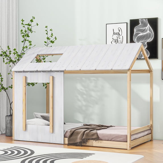 Bellemave Twin Size House Floor Bed , Wood Montessori Bed With Roof and Window, Wood Montessori BedAntique White)