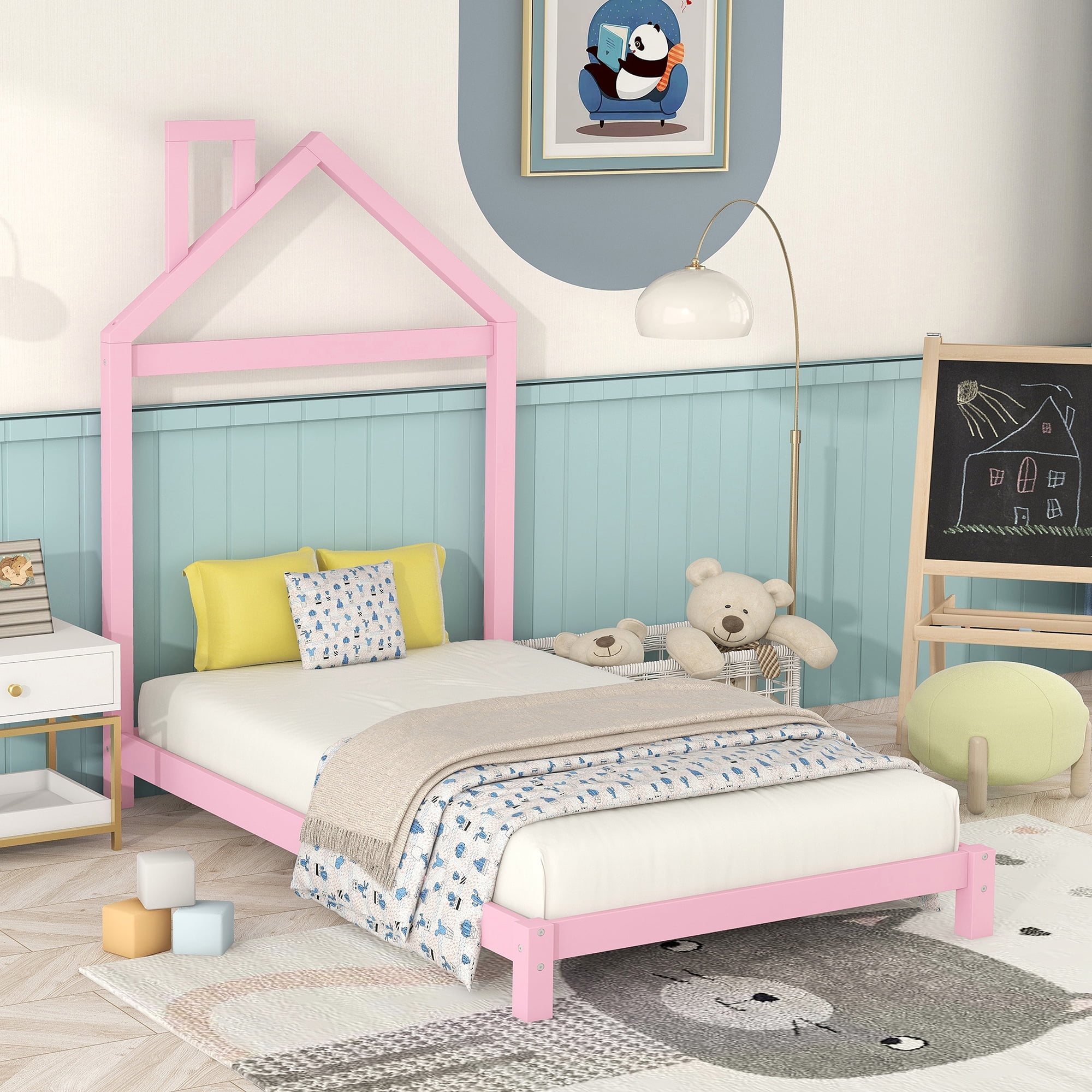 Bellemave Twin Size Kids Bed Frame with House-Shaped Headboard, Solid Wood Toddler Platform Bed with Slats for Girls Boys, No Box Spring Needed (Pink)