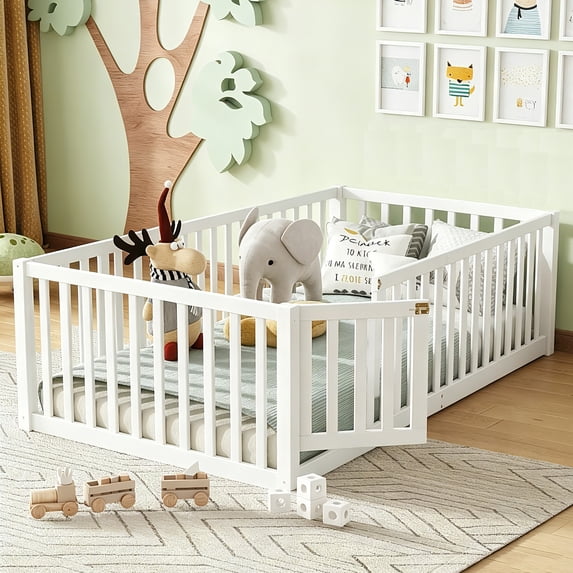 Bellemave Twin Montessori Bed Frame, Wood Twin Size Floor Bed with High Fence Rails, Twin Beds Frame for Bedroom Playroom (White)