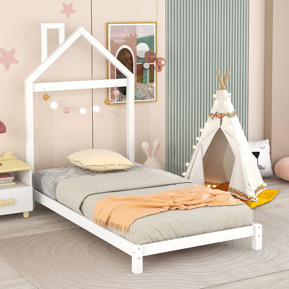 Bellemave Twin Size Kids Bed Frame with HouseShaped Headboard, Solid