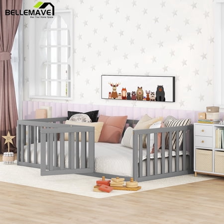 Bellemave Twin Floor Bed with Fence and Door, Twin Size Montessori Floor Bed Frame, Low Profile Toddler Bed Frame with Safety Guardrails, Slats Not Included, Gray