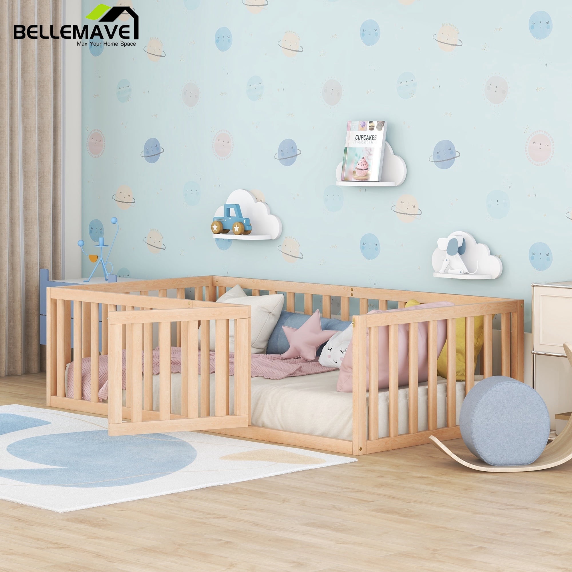 Bellemave Twin Size Floor Bed with Fence and Door, Wood Montessori Bed Frame, Floor Bed Frame, Slats Not Included (Twin, Natural)