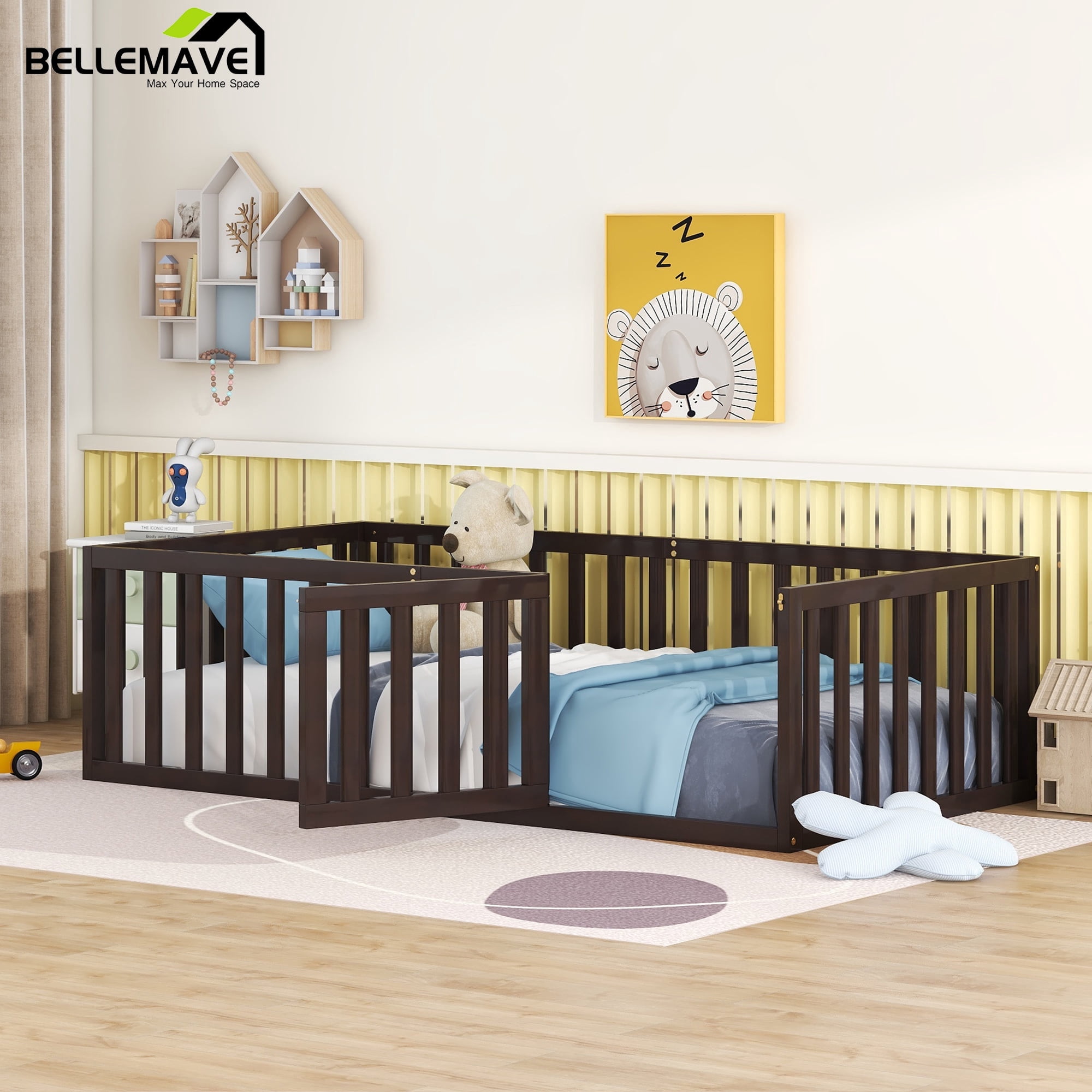 Bellemave Twin Size Floor Bed with Fence and Door, Wood Montessori Bed Frame, Floor Bed Frame, Slats Not Included (Twin,Walnut)