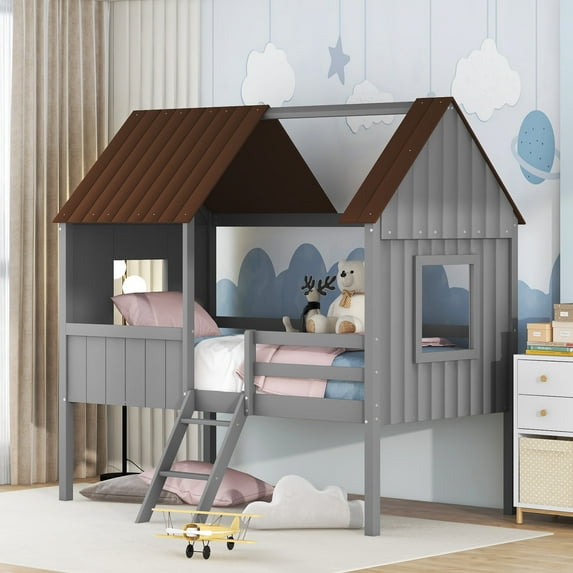 Bellemave Twin Size House Beds, Wood Low Loft Bed Frames, Loft Montessori Bed for Juniors (Gray +Brown)