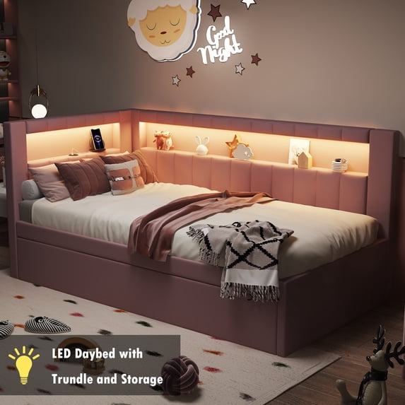Bellemave Twin Size LED Daybed with Trundle Linen Upholstered Daybed Frame with Charging Station and LED Lights Twin Sofa Bed with Storage and Backrest, No Box Spring Needed, Pink