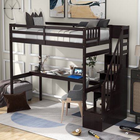Bellemave Twin Size Loft Bed with Built-in Desk and 3 Storage Staircase,Solid Wood Stairway Loft Bed Frame with Safety Guardrails for Teens(Espresso)