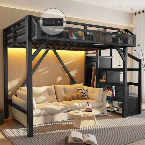 Bellemave Twin Loft Bed with Stairs and Wardrobe,Metal Loft Beds with Storage and LED Light,Heavy Duty High Loft Bed Twin with USB Ports, Noise Free, Black