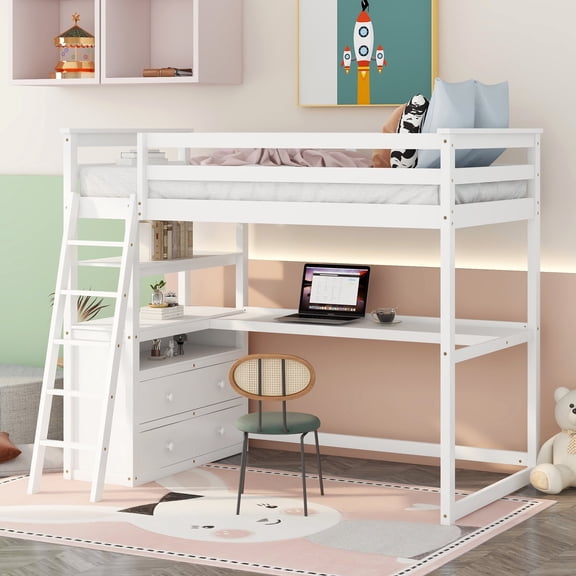 Bellemave Twin Size Loft Bed with Desk and Storage, Wood Loft Bed Frame with Shelves and Built-In Drawers, High Loft Bed for Teens Adults (White)