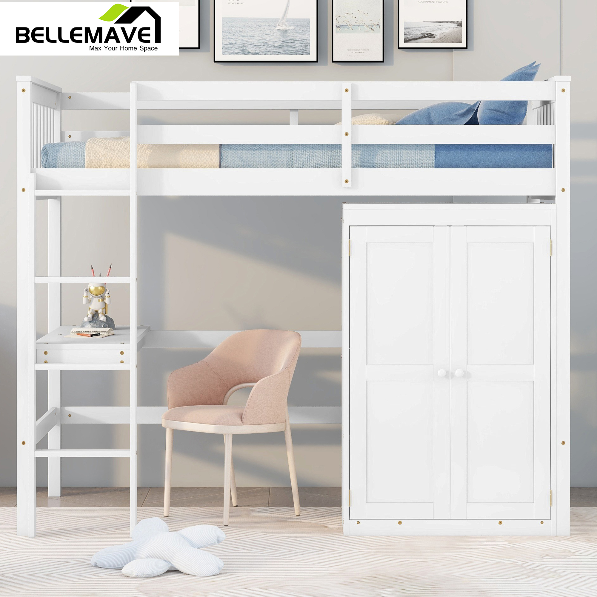Bellemave Twin Size Loft Bed with Desk and Wardrobe Wooden Loft Bed