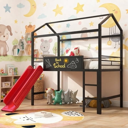 Bellemave Twin Size Metal Loft Bed with Slide, House Bed With Roof & Two-sided Blackboard, Twin House Loft Bed with Storage, No Box Spring Needed, Black and Red