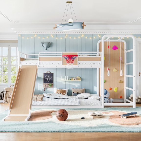 Bellemave Twin Size Loft Bed with Slide, Basketball Hoop, Pull-Up Rings and Climbing Wall, Multi-Functional Playful Metal Loft Bed Frame with Built-in Bookshelves, Natural