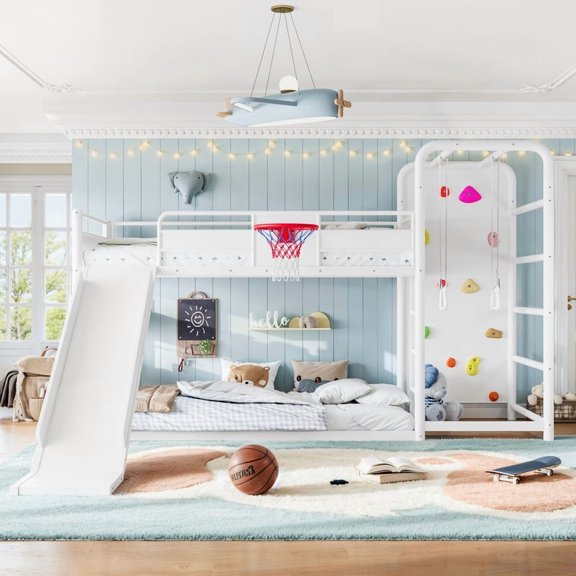 Bellemave Twin Size Loft Bed with Slide, Basketball Hoop, Pull-Up Rings and Climbing Wall, Multi-Functional Playful Metal Loft Bed Frame with Built-in Bookshelves, White