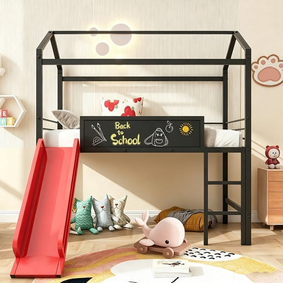 Bellemave Twin Size Loft Bed with Slide, Metal House Loft Bed with Two-Sided Writable Chalkboard, Low Loft Beds Frame with Roof and Ladder, Ample Under-bed Space(Black+Red)