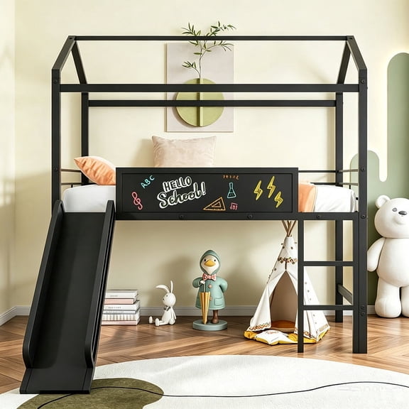 Bellemave Twin Size Loft Bed with Slide, Metal House Loft Bed with Two-Sided Writable Chalkboard, Low Loft Beds Frame with Roof and Ladder, Ample Under-bed Space（Black)