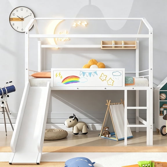 Bellemave Twin Size Loft Bed with Slide, Metal House Loft Bed with Two-Sided Writable Chalkboard, Low Loft Beds Frame with Roof and Ladder, Ample Under-bed Space(White)