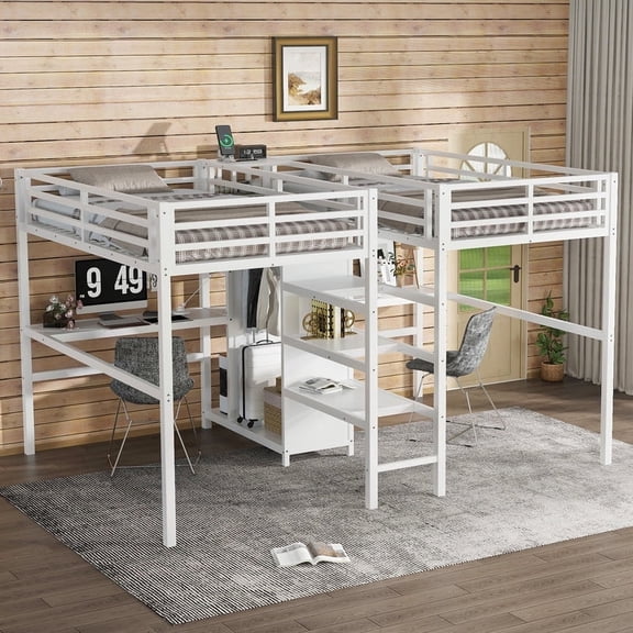 Bellemave Twin Size Loft Bed with Stairs, Desks and Wardrobe Space-saving 2 Twin Beds in 1 Noise Reduced Twin & Twin Double Metal Loft Bed Frame for 2 Teens Adults, Teens (White)