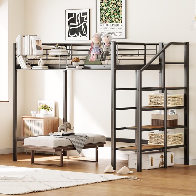 Bellemave Twin Size Loft Bed with Storage Stairs, Metal Twin Loft Bed