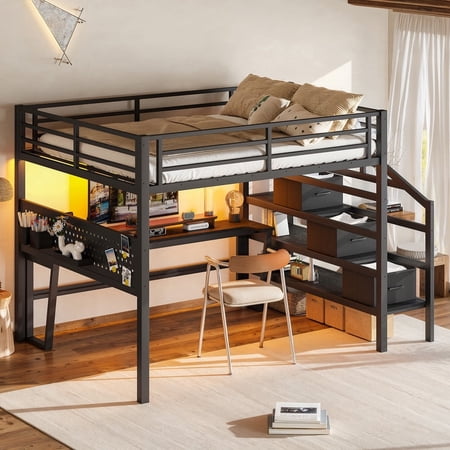 Bellemave Queen Size Loft Bed with Movable Desk & Storage Stairs, Metal Loft Bed Frame w/3 Fabric Drawers, Charging Station, Pegboard, Shelves and LED Light, Gaming Bed for Kids Teen Adult, Black