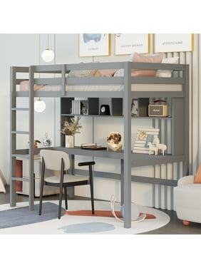 Bellemave Twin Size Loft Bed with Desk, Solid Wood Loft Bed Frame with Shelves, Loft Bed Built in Ladder for Kids Teens Adults (Gray)