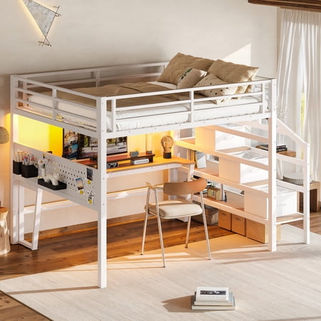 Bellemave Queen Size Loft Bed with Movable Desk & Storage Stairs, Metal Loft Bed Frame w/3 Fabric Drawers, Charging Station, Pegboard, Shelves and LED Light, Gaming Bed for Kids Teen Adult, White