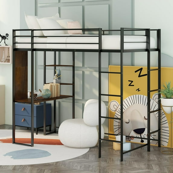 Bellemave Twin Size Loft Bed with Desk and Shelves, Metal Loft Beds Frame Built-in 2 Ladders, Hight Loft Beds for Boys Girls Teens (Black)