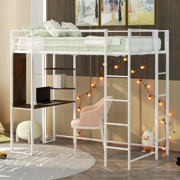 Bellemave Twin Size Loft Bed with Desk and Shelves, Metal Loft Beds Frame Built-in 2 Ladders, Hight Loft Beds for Teens (White)