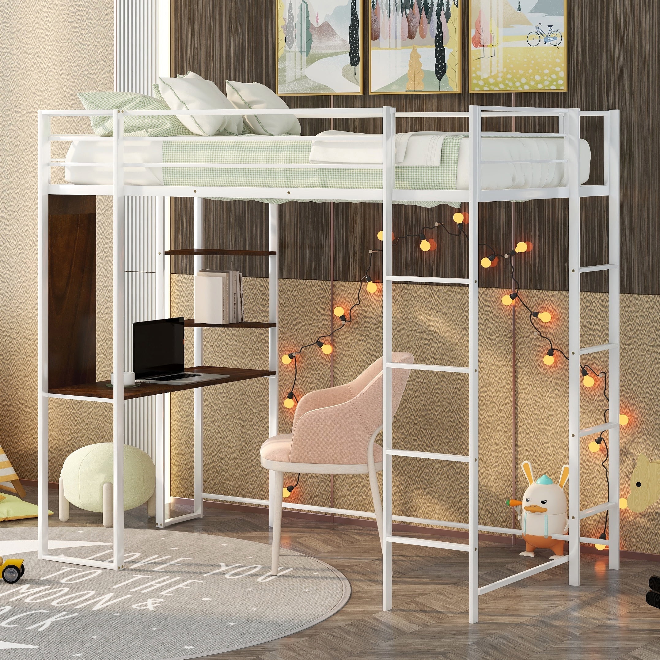 Bellemave Twin Size Loft Bed with Desk and Shelves, Metal Loft Beds ...