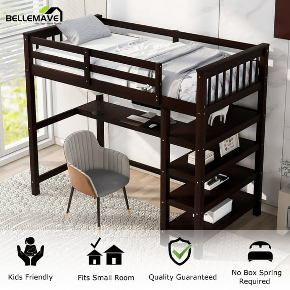 Bellemave Twin Size Loft Bed with Desk and Shelves,Wood Loft Bed with 4-Tier Storage Rack (Espresso)