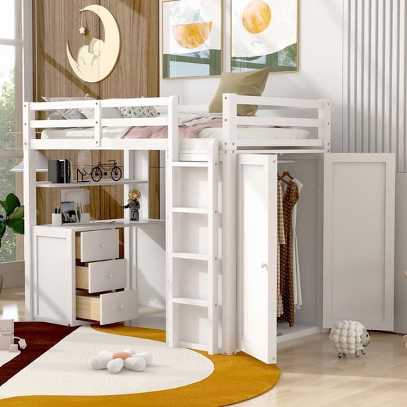 Bellemave Twin Size Loft Bed with Desk and Storage Wardrobe, Drawers, Wood High Loft Bed for Teens(Bright White)