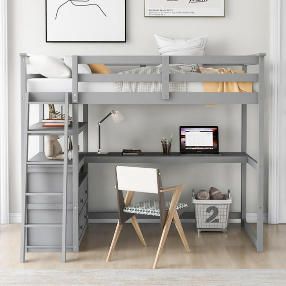 Bellemave Twin Size Loft Bed with Desk and Storage, Wood Loft Bed Frame with Shelves and Built-In Drawers, High Loft Bed for Kids Teens Adults, Gray