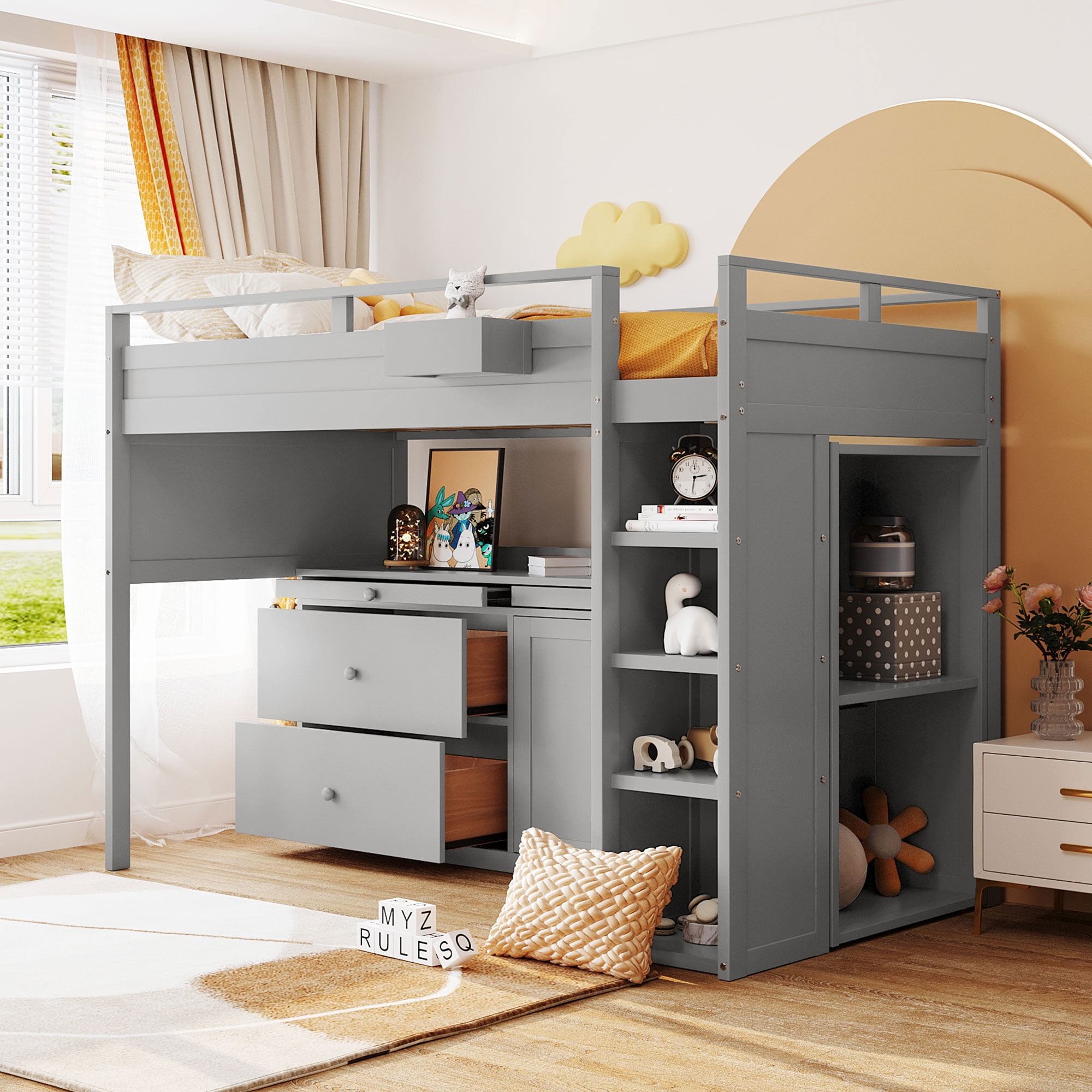 Bellemave Twin Size Loft Bed with Rolling Cabinet and Desk Wood Loft Bed Frame with Storage Shelves and Drawers for Kids Teens Boys Girls Gray Walmart