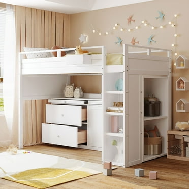 Bellemave Children's and Teenage Twin Loft Bed with Desk, Shelves ...