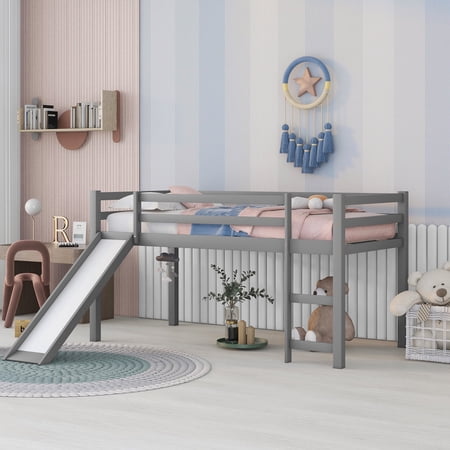 Bellemave Twin Size Loft Bed with Slide and Ladder, Wood Low Loft Bed Frame (Gray)