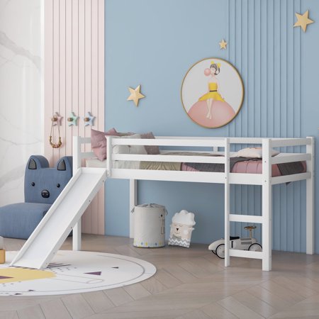 Bellemave Twin Size Loft Bed with Slide and Ladder, Wood Low Loft Bed Frame (White)