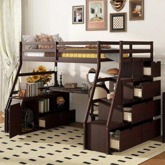 Bellemave Twin Size Loft Bed with Stairs and Desk, Wooden High Loft Beds Frame with 7 Storage Drawers and 2 Shelves for Kids Teens Adults (Espresso)