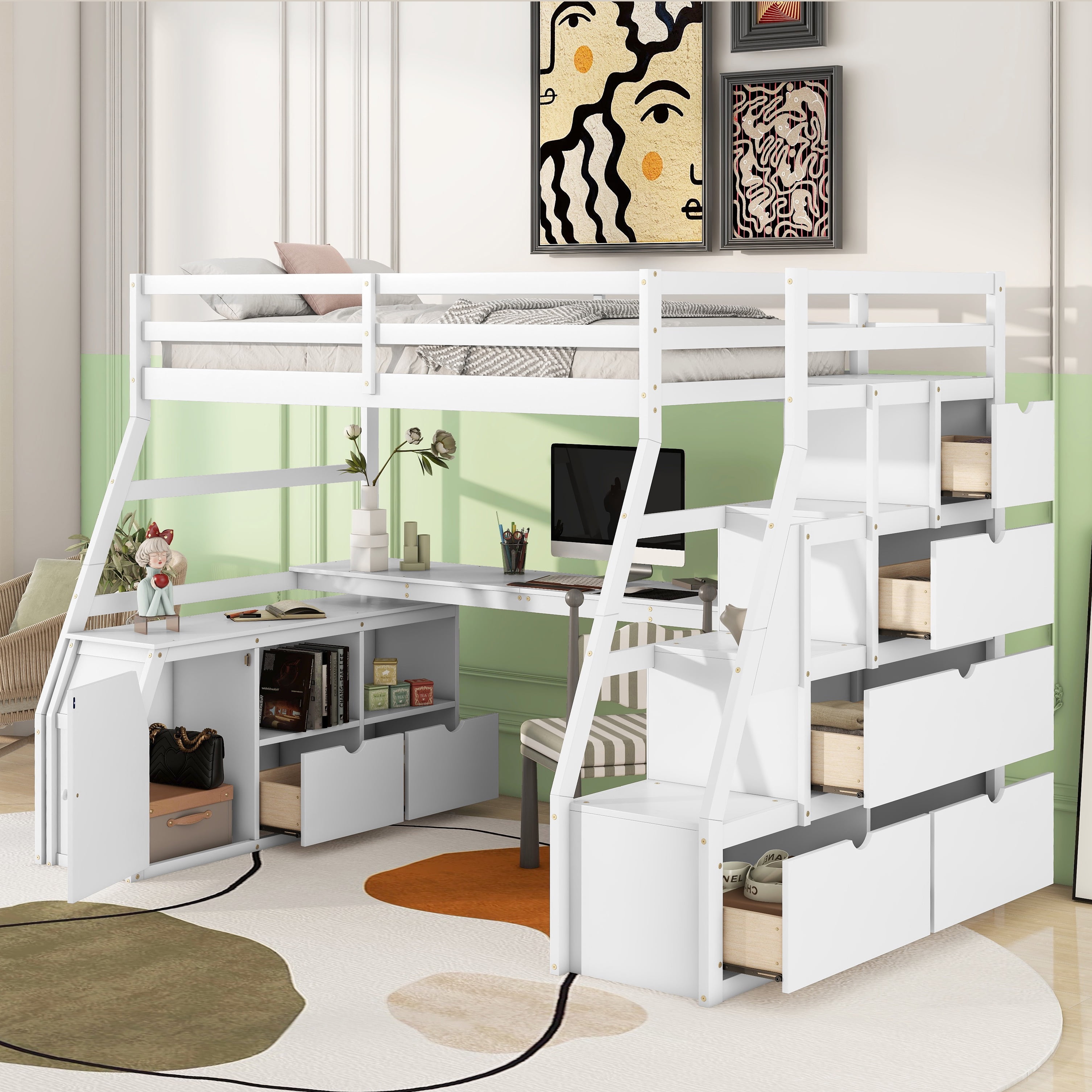 Bellemave Twin Loft Bed Frame with Desk, Stairs, Shelves, and 7 Storage ...