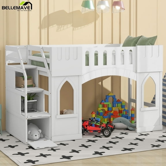 Bellemave Twin Size Loft Bed with Storage Staircase and Window,Wooden Twin Loft Bed Frame for Teens, No Box Spring Needed(White)