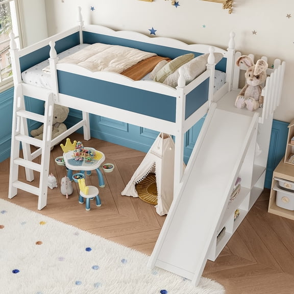 Bellemave Twin Size Loft Beds with Slide and Storage, Wooden Loft Bed Frame with Wardrobe and Shelves, Princess Twin Bed for Teens Bedroom Dormitory,Blue+White