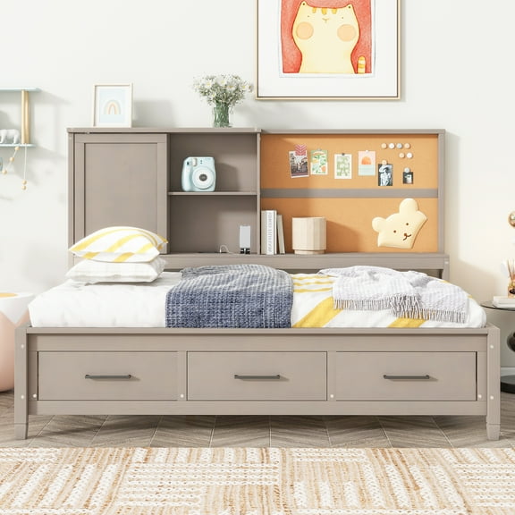 Bellemave Twin Size Lounge Daybed with Storage Shelves ,Cork Board,USB Ports and 3 Drawers,Strong and Sturdy Wood Daybed Sofa Bed Frame,Easy to Assembly(Antique Gray)
