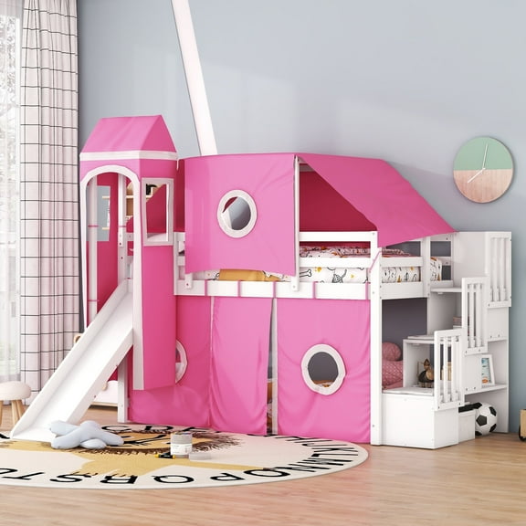 Bellemave Twin Size Low Loft Bed with Slide and Curtains, Solid Wood Princess Castle Bed with Storage Staircase, Tent Bunk Bed Frame with Tower for Bedroom (Twin,Pink+White)