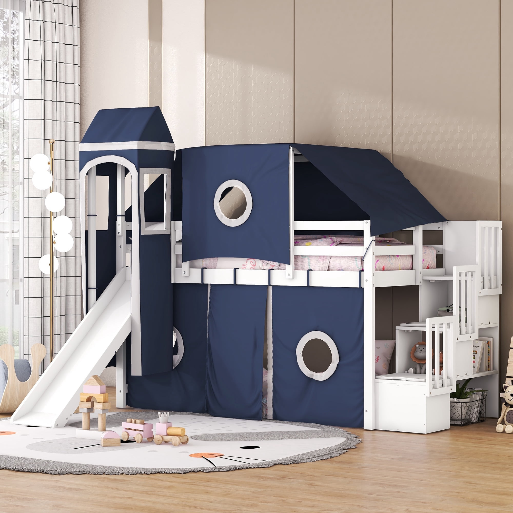 Bellemave Twin Size Low Loft Bed with Slide and Curtains, Solid Wood ...