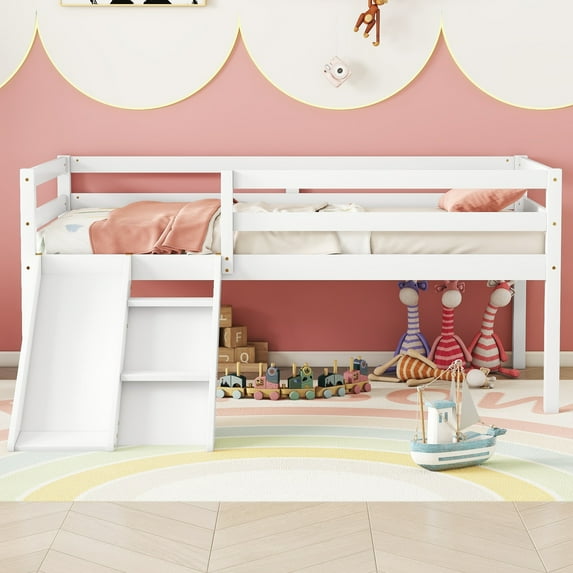 Bellemave Twin Size Low Loft Bed with Slide and Ladder,Solid Wood Loft Bed Frame with Safety Guardrails for Boys and Girls Bedrooms,No Box Spring Needed,White