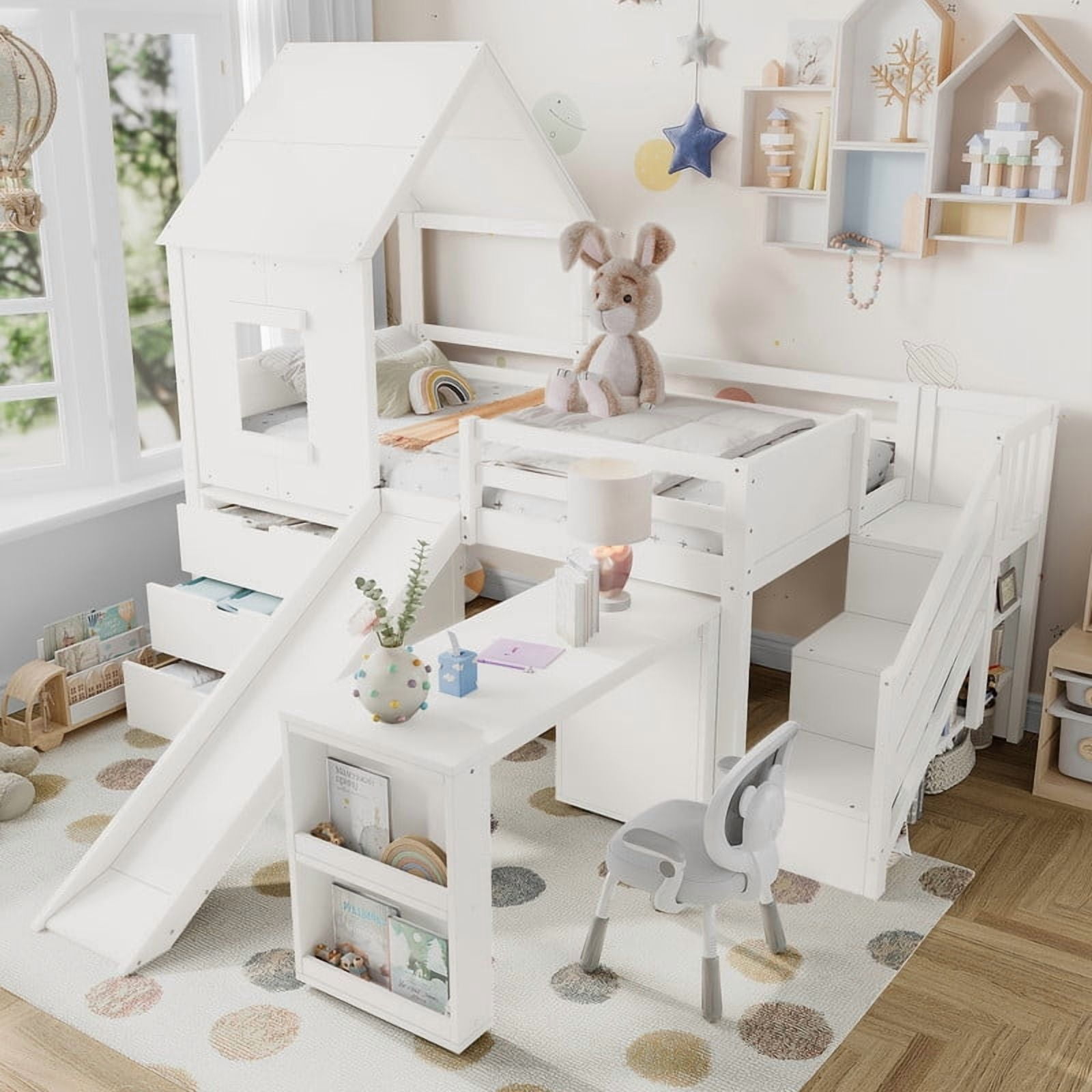 Bellemave Twin Size Loft Bed with Slide and Ladder, Solid Wood House ...