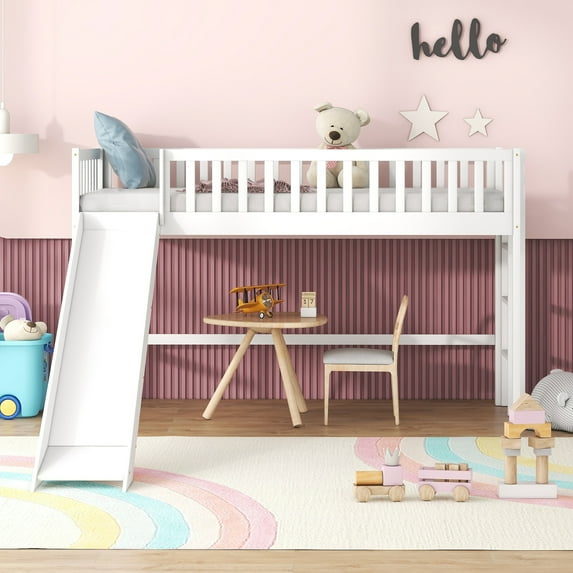 Bellemave Twin Size Low Loft Bed with Slide and Ladder Space-Saving Twin Wooden Loft Bed for Kids, Boys, Girls Juniors Loft Bed Frame with Guardrail Fences and Wooden Slats, White