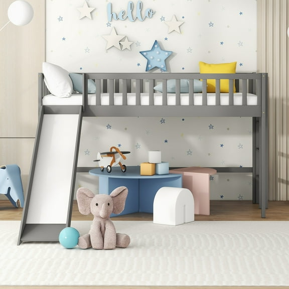 Bellemave Twin Size Low Loft Bed with Slide and Ladder Space-Saving Twin Wooden Loft Bed for Kids, Boys, Girls Juniors Loft Bed Frame with Guardrail Fences and Wooden Slats, Gray